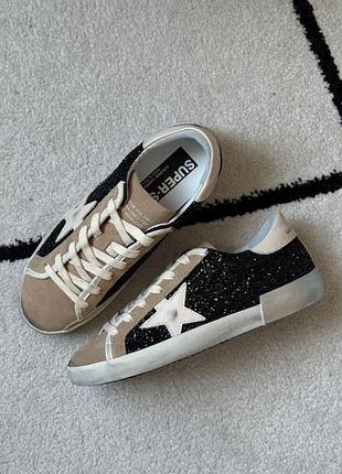 Замшеві кеди golden goose super-star in black glitter with cream star and suede inserts