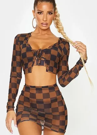 Стильний лонгслів топ в сіточку, plt prettylittlething р. s в клітинку, кроп, укорочений, прозорий з зав'язками