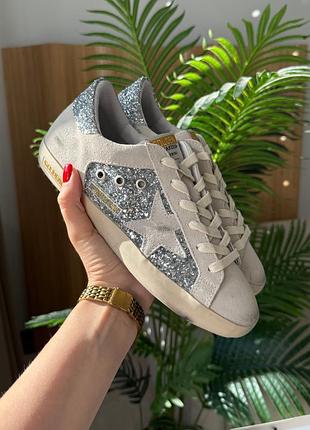 Замшеві кеди golden goose super-star in silver glitter with ice-gray star and inserts