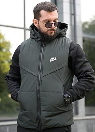 Мужская жилетка nike оливковое тепло из плащевки на осень весна крутая безрукавка с капюшоном повседневная для мужчин на синтепоне