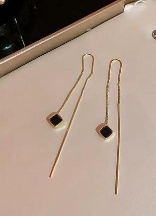 Серьги женские длинные протяжки с черными ромбами fashion jewelry золотистые
