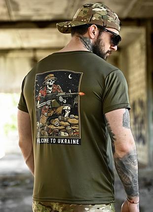Мужская футболка оливковая тактическая с принтом born of war welcome to ukraine военная на лето для мужчин ткань coolmax