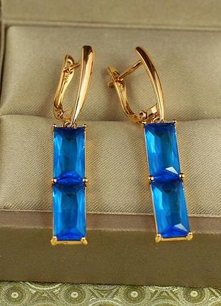 Серьги xuping jewelry подвески двойной прямоугольный голубой фианит 4,3 см золотистые