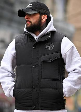 Мужская жилетка stone island черная теплая из плащевки городская на осень весну крутая безрукавка с повседневной капюшоном для мужчин