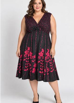 Черное женское платье с ярким цветочным принтом penningtons plus-size батал 62-66 фуксия ярко-розовые цветы летнее платье на запах праздничное коктейл