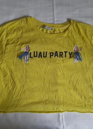 Футболка жіноча вкорочена жовта з принтом luau party