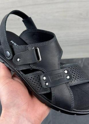 Сандалі чоловічі для активного відпочинку на літо чорного кольору комфортні босоніжки з натуральної шкіри