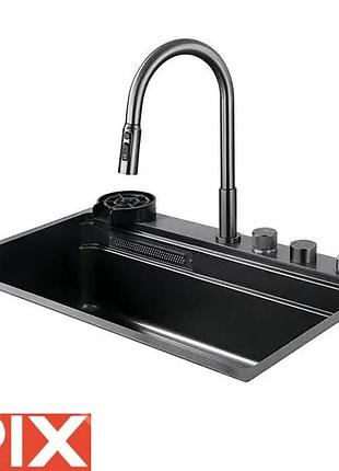 Кухонная мойка rix zh7548-set-03 nano-black (со смесителем, омывателем, диспенсером, сушкой, корзиной, доской в комплекте) из