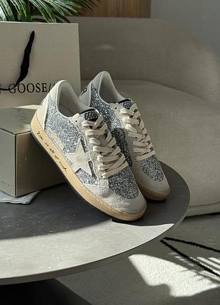 Golden goose ball star in silver glitter with ice-gray suede inserts