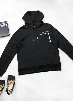 Женский черный брендовый худи off white офф вайт с капюшоном и накладным карманом на груди s-m 100% хлопок черный