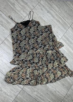The kooples multicolor floral silk 2 piece set crop top skirt size 3 l комплект спідниця топ блуза шовк