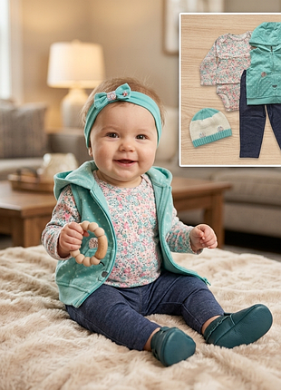 Костюм для дівчаток carter's 3 в 1 з жилеткою, боді та штанцями, бірюзовий, рожевий, синій, розмір 12м