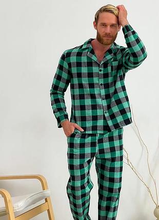 Мужская теплая пижама с начесом зеленая в клетку зимняя домашний комплект с брюками одежда для сна и дома из фланели на пуговицах