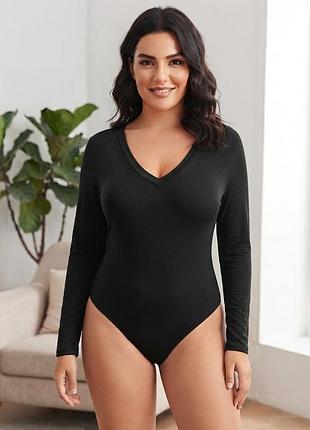 Черное базовое боди с длинным рукавом и v-образным вырезом shein curve, размер 1xl / 48-50