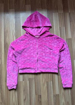 Яскраве рожеве велюрове худі на блискавці barbie / в стилі juicy couture (розмір m)
