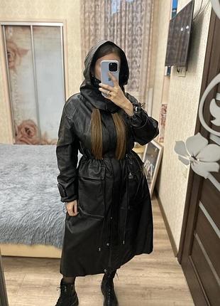 Свободное длинное черное кожаное пальто, плащ с капюшоном reserved