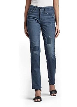 Жіночі прямі джинси італійського бренду g-star raw серії noxer straight у темно-синьому відтінку з декоративними латками-патчами на штанинах