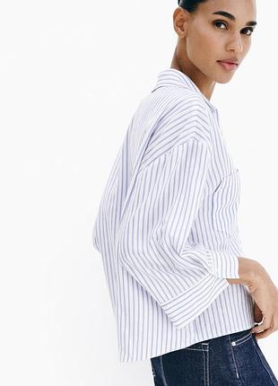Жіноча сорочка zara з льону та віскози в блакитну смужку з кишенями s