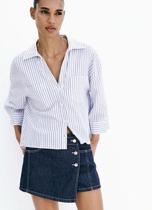 Женская рубашка zara из льна и вискозы в голубую полоску с карманами s