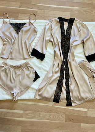 Шовковий набір 3в1 timirilla lingerie майка шорти халат s бежевий, новий