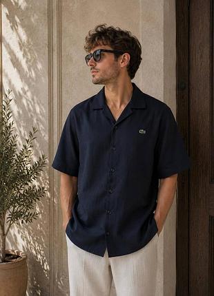 Мужская льняная рубашка lacoste синяя xl (b)
