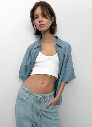 Жіноча джинсова сорочка zara синя, з коротким рукавом р. м