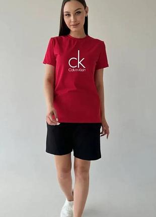 Женский летний костюм calvin klein футболка + шорты красный комплект кельвин кляйн на лето xl (b)