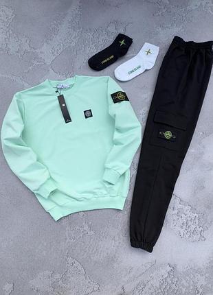 Мужской спортивный костюм stone island без капюшона бирюзовый комплект стон айленд свитшот штаны шкарпетки l (b)