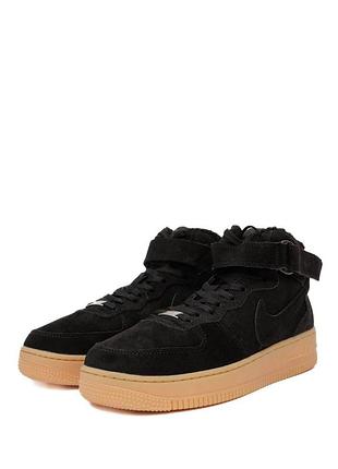 Мужские зимние кроссовки nike air force 1 черные с бежевым с мехом замшевые до -21*с найк аир форс (b)