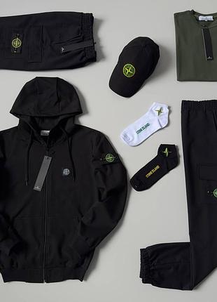 Чоловічий спортивний костюм stone island 7в1 костюм + футболка + шорти + кепка чорний з хакі стон айленд (bon)