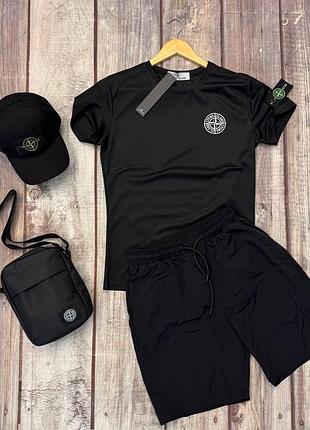 Чоловічий літній костюм stone island футболка + шорти + кепка + сумка чорний із патчем стон айленд на літо xl (b)