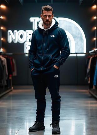 Мужской спортивный костюм с мехом the north face синий теплый комплект кофта на замке с капюшоном и штаны осень зима l