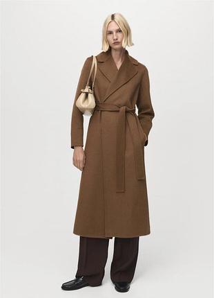 Пальто шерсть zara коричневе кемел під пояс з розрізами