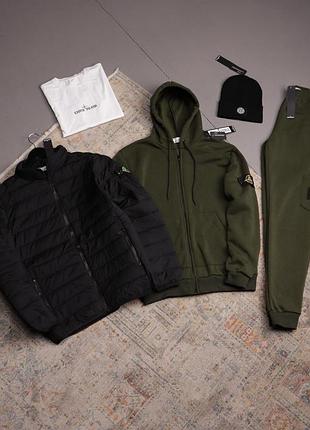 Чоловічий спортивний зимовий костюм stone island 5в1 хакі з капюшоном комплект стон айленд костюм куртка шапка футболка l (b)