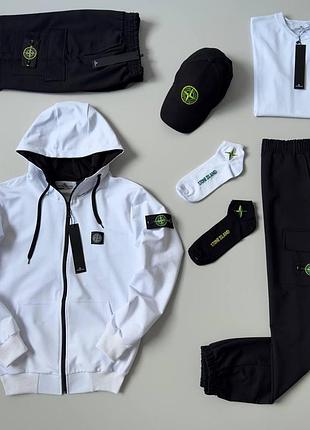 Чоловічий спортивний костюм stone island 7в1 костюм + футболка + шорти + кепка білий з чорним стон айленд (bon)