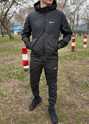 Чоловічий спортивний костюм nike вітровка + штани з плащівки чорний комплект найк з капюшоном (bon)