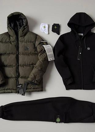 Чоловічий зимовий спортивний костюм stone island + куртка + носки стон айленд чорний m (bon)