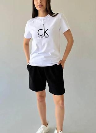 Жіночий літній костюм calvin klein футболка + шорти білий комплект кельвін кляйн на літо xxl (b)