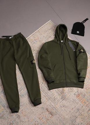 Мужской зимний спортивный костюм stone island толстовка штаны шапка хаки с капюшоном на молнии стон айленд m (b)