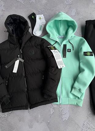 Чоловічий зимовий спортивний костюм stone island бірюзово-чорний комплект стон айленд костюм курка з капюшоном l (b)