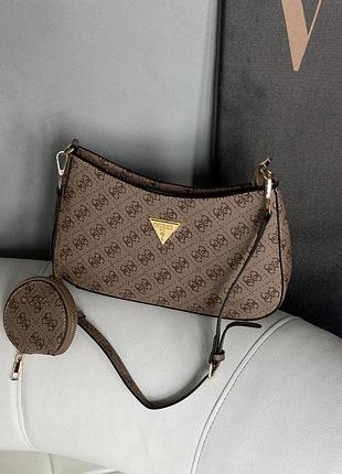 Женская сумка багет guess noelle 2в1 коричневая маленькая гесс на плечо (b)