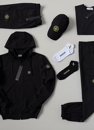 Чоловічий спортивний костюм stone island 7в1 костюм + футболка + шорти + кепка чорний стон айленд (bon)
