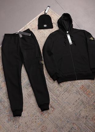 Мужской зимний спортивный костюм stone island толстовка штаны шапка черный с капюшоном на молнии стон айленд xl (b)