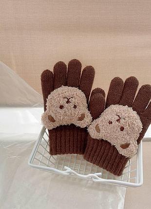 Детские перчатки на каждый пальчик с мишкой, перчатки для ребенка 2-5 лет, коричневый цвет