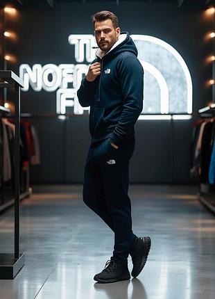 Мужской спортивный костюм с мехом the north face синий теплый комплект кофта на замке с капюшоном и штаны осень зима
