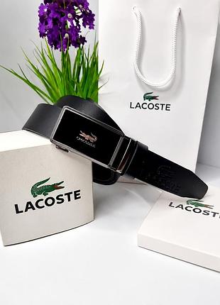 Мужской кожаный кожаный с пряжкой автомат lacoste черный брендовый пояс в подарочной коробочке с тиснением лакоста