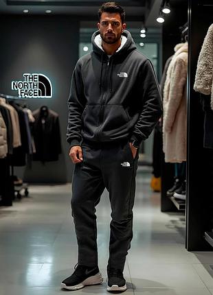 Мужской спортивный костюм с мехом the north face серый теплый комплект кофта на замке с капюшоном и штаны осень зима m