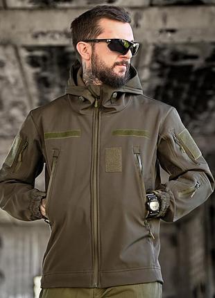 Тактична чоловіча куртка олива softshell військова легка з липучками капюшоном софтшелл демісезонна армійська для зсу