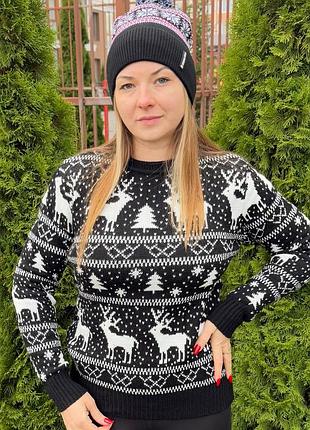 Новогодний женский свитер сказочный черный красивая вязаная кофточка из шерсти без горла для новогоднего корпоратива