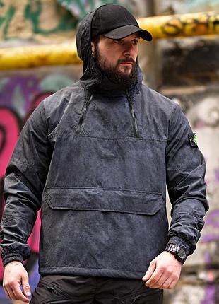 Мужской анорак stone island синий из плащёвки демисезонный стильный спортивный с капюшоном ветрозащитный для парня ветровка